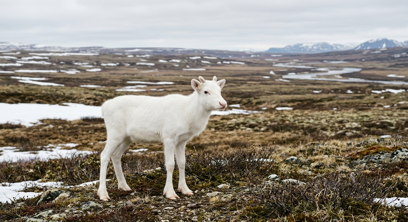 a rare albino caribou calf with pure white fur and pale hooves standing on a vast, sparse Arctic tundra with patches of snow and low-lying shrubs, natural every