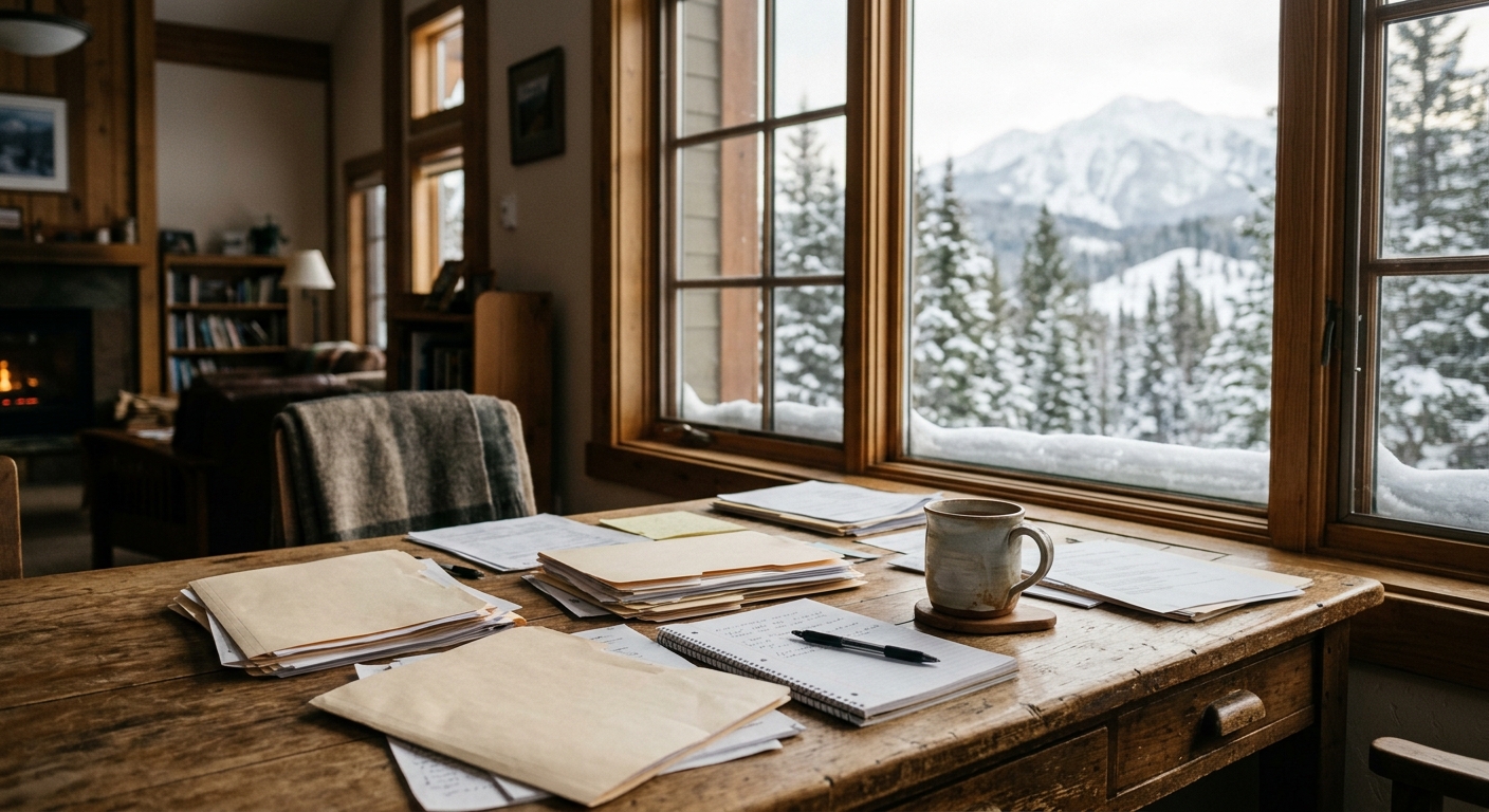 a rustic wooden desk inside a cozy community center with scattered manila folders, paperwork, and a warm ceramic mug, with a window in the background looking ou