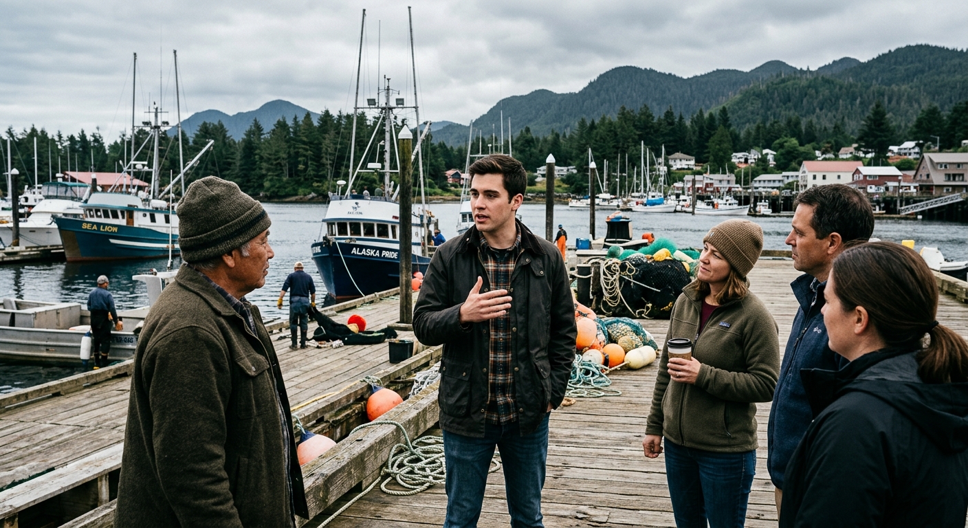 a young male local official wearing a rugged casual jacket, speaking earnestly to a small diverse group of fishermen and residents on a wooden dock in a remote