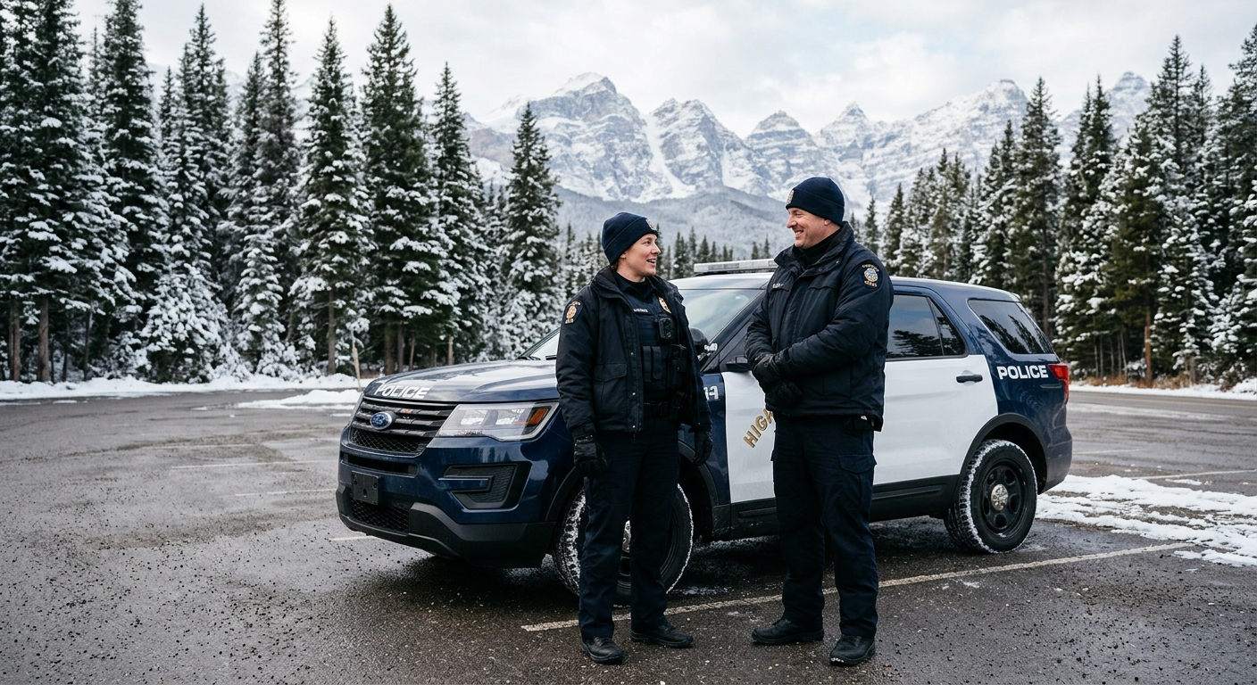 two police officers in heavy dark winter uniforms having a calm, supportive conversation while standing next to a patrol vehicle in a paved lot surrounded by ta