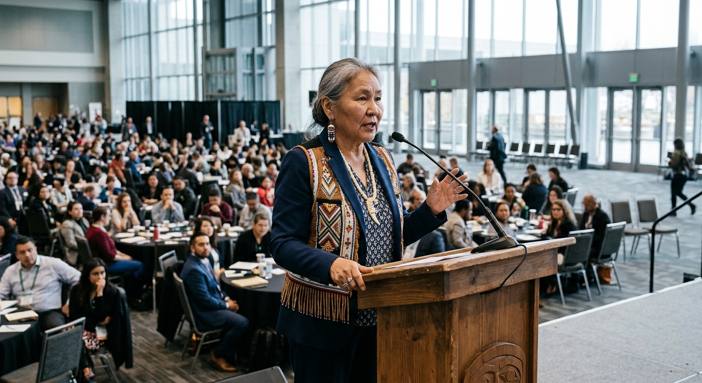 an older indigenous woman standing at a wooden podium in a large modern convention center, wearing a blend of professional business attire and traditional Alask