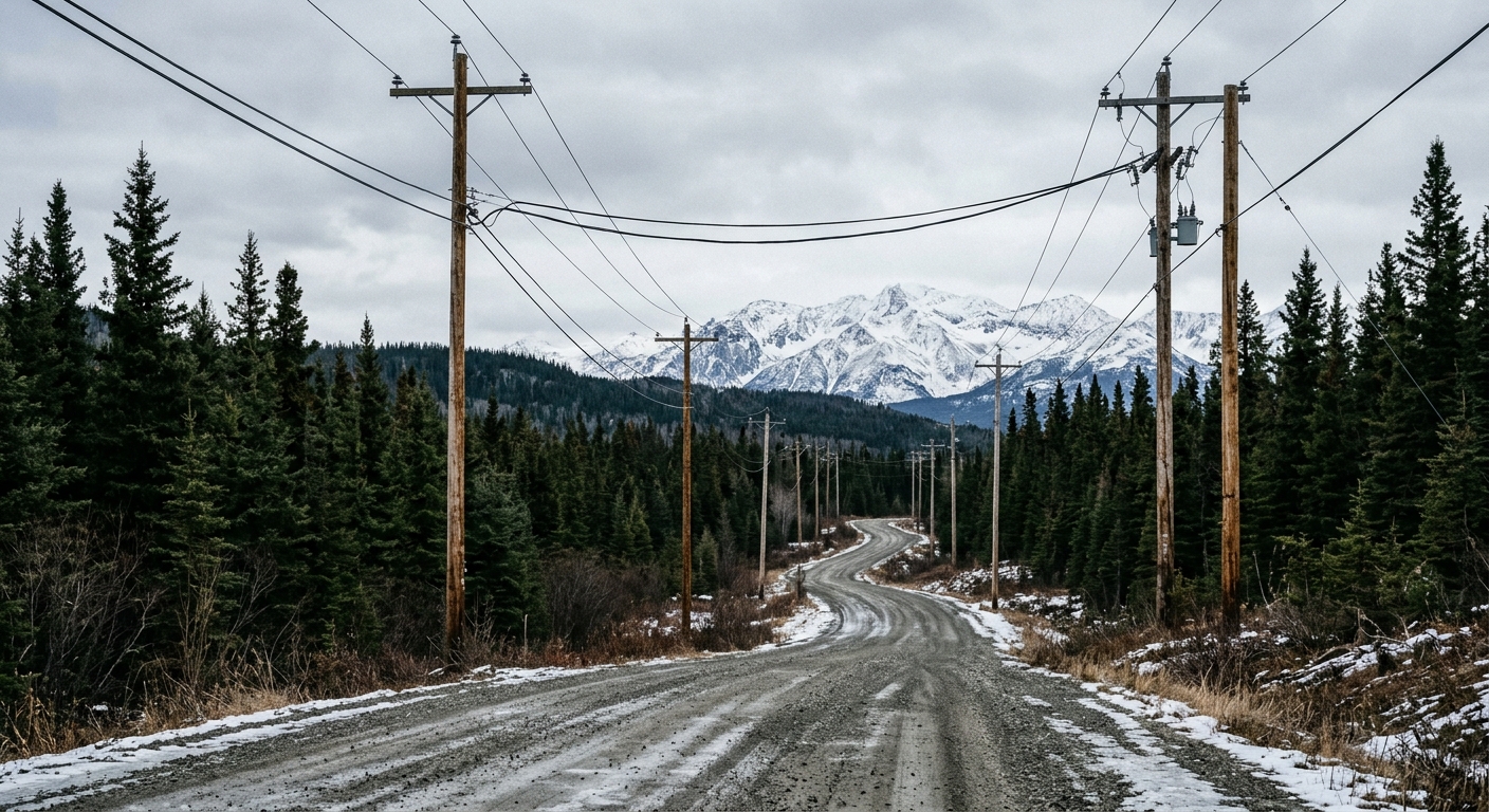 wooden utility poles and thick power lines running alongside a remote gravel road, surrounded by dense evergreen trees and distant snow-capped mountains in a co