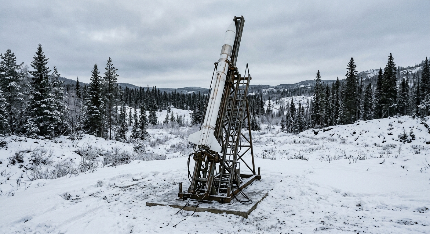a slender sounding rocket mounted on a metal launch rail structure in a snowy, remote clearing surrounded by sparse evergreen trees and cold terrain, natural ev