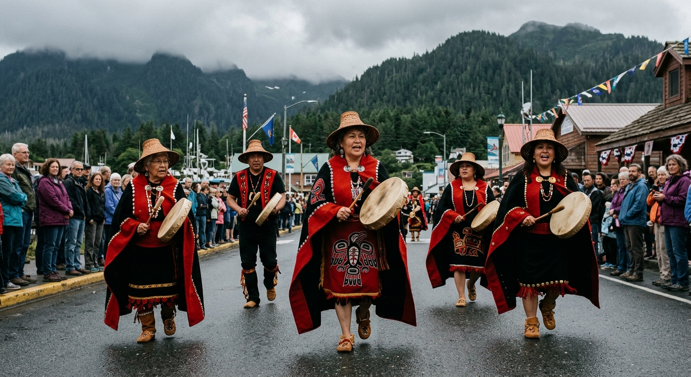 a group of Indigenous dancers in traditional Pacific Northwest Coast regalia, including woven cedar hats and button blankets, playing handheld drums during a cu