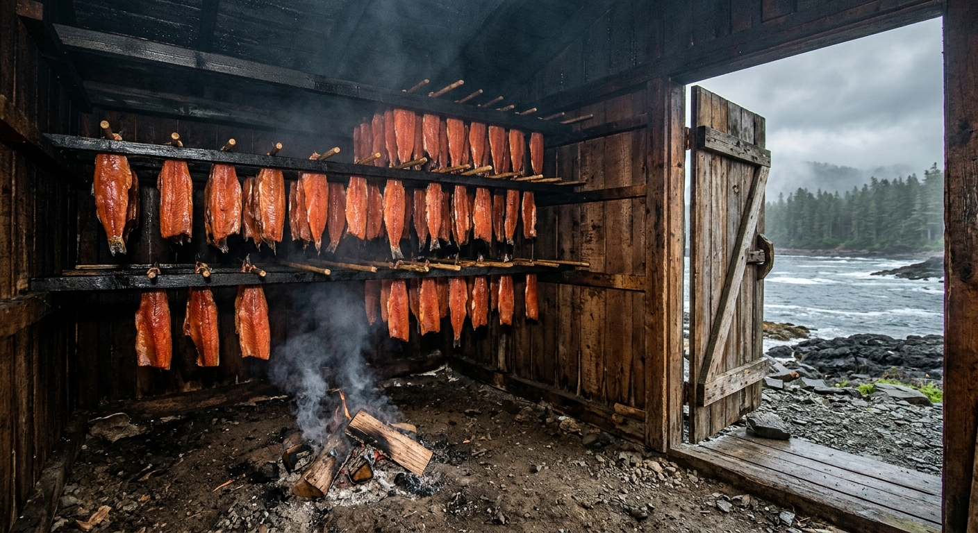 a rustic wooden smokehouse interior with freshly caught salmon fillets hanging on wooden racks, a small wood fire gently smoldering on the dirt floor, with a ru