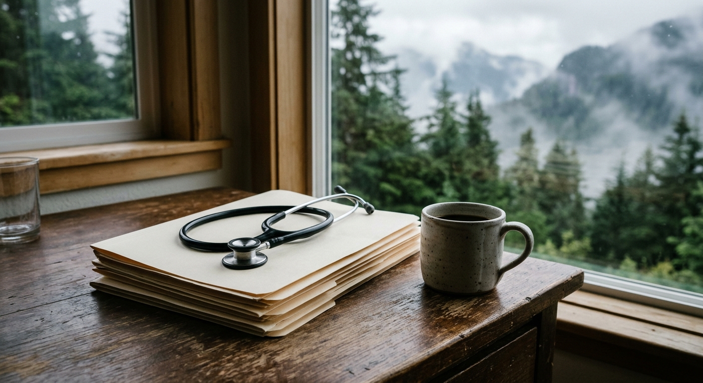 a stethoscope resting on a stack of plain manila folders on a wooden desk, next to a simple ceramic coffee mug, with a window in the background revealing dark g