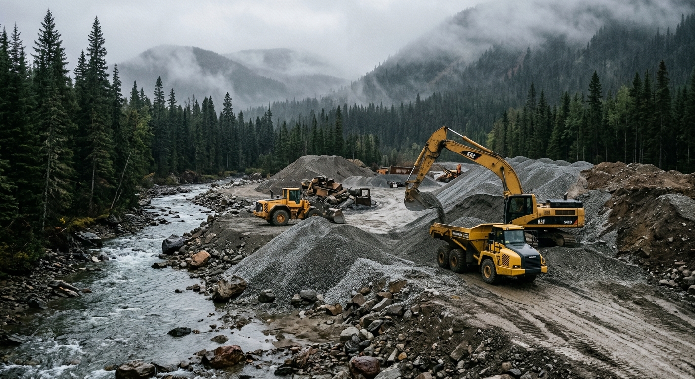 an industrial gravel mining operation along a rocky creek bed, featuring heavy earth-moving machinery shifting mounds of grey gravel near flowing water, surroun