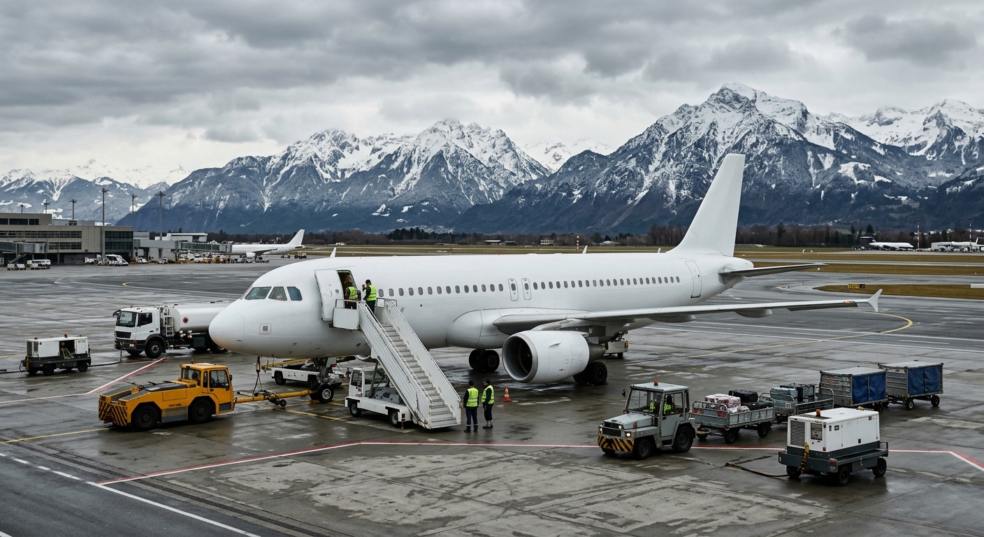a generic commercial passenger airplane resting on an airport tarmac surrounded by ground support vehicles, with large snow-capped mountains visible in the back