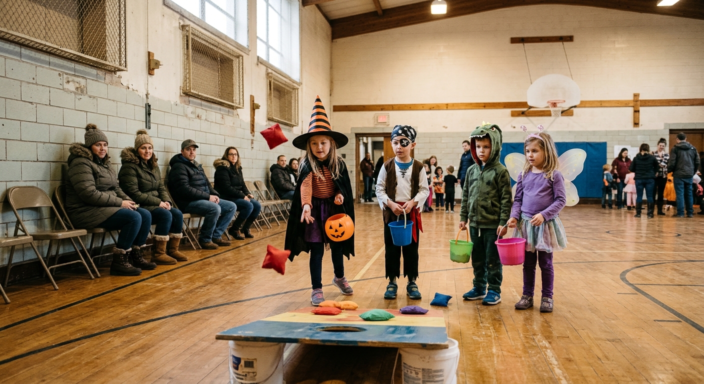 children in simple Halloween costumes holding small plastic buckets and playing a bean bag toss game inside an old, slightly worn school gymnasium with wooden f