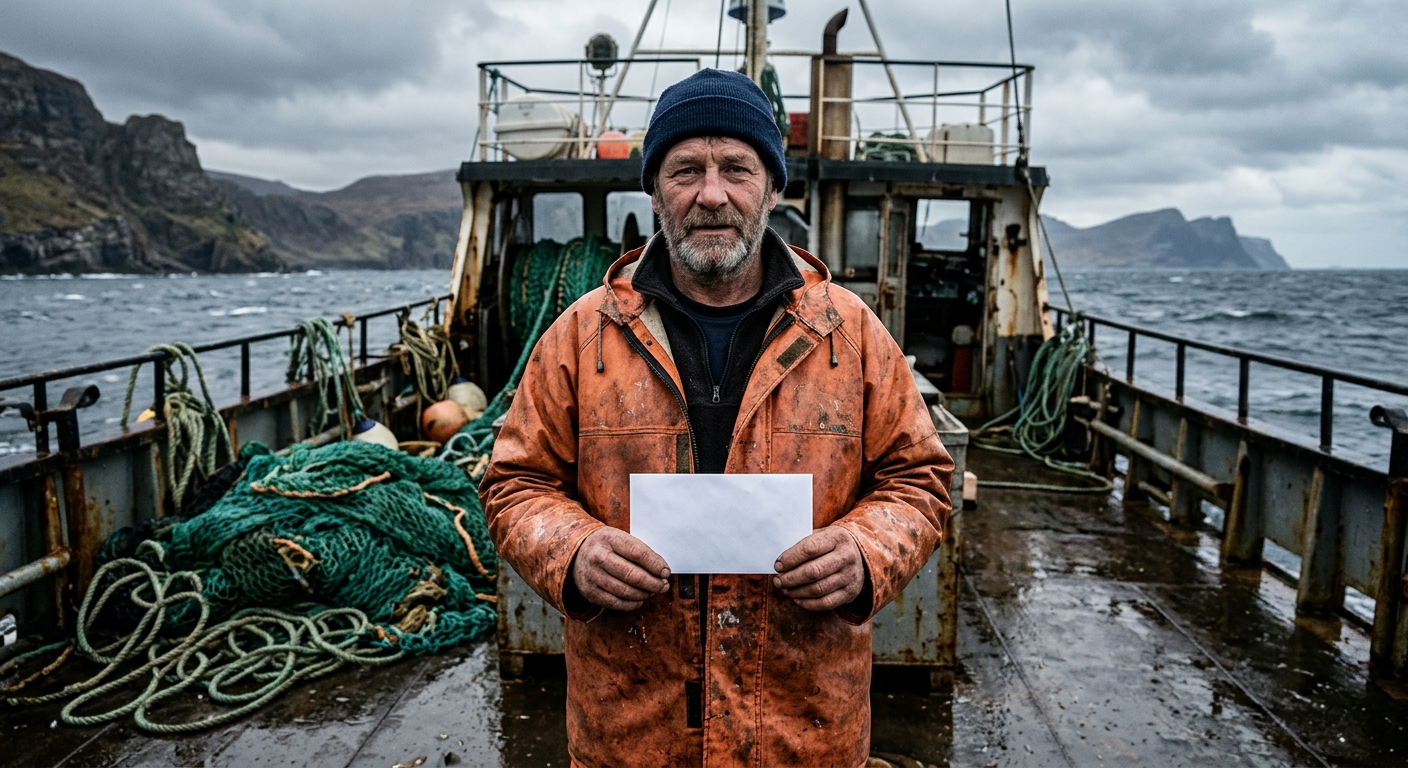 a commercial fisherman wearing a weathered orange waterproof jacket, holding a blank white envelope on the wet deck of a fishing vessel, with coiled fishing net