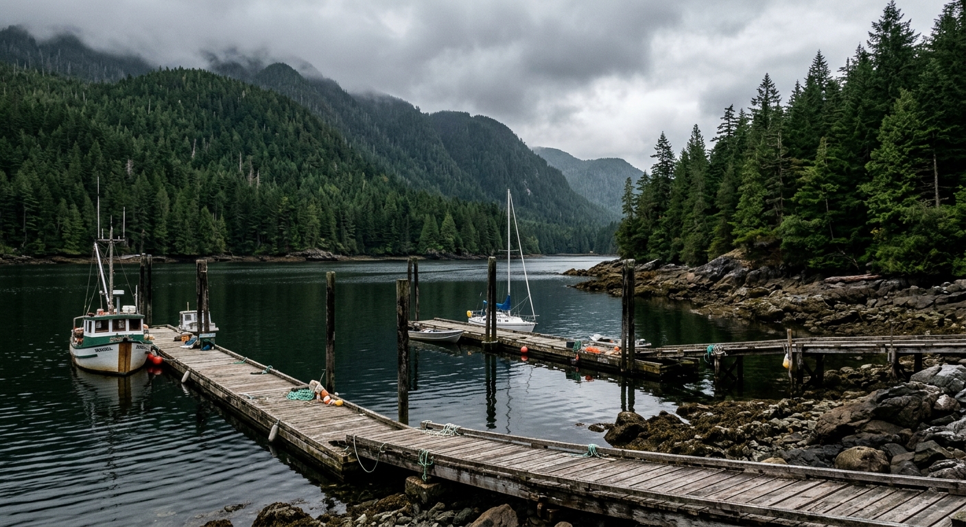 a quiet coastal waterfront with wooden docks and a rocky shoreline, surrounded by steep pine-covered mountains under an overcast sky, natural everyday lighting,