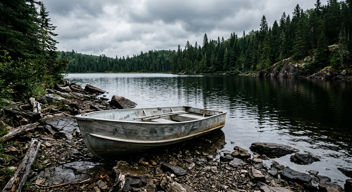 an empty, weathered small aluminum fishing boat resting near a cold, rocky shoreline lined with dense evergreen trees under an overcast sky, natural everyday li