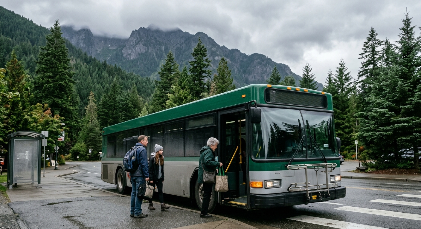 a public transit bus stopped at a street corner surrounded by tall evergreen trees and a rugged mountain backdrop on an overcast day, with a few passengers, inc