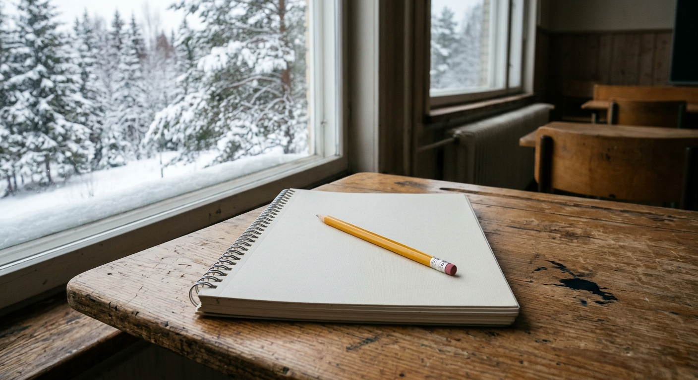 a yellow pencil resting on a blank closed notebook on a wooden classroom desk, with a window in the background showing snow-covered pine trees, natural everyday